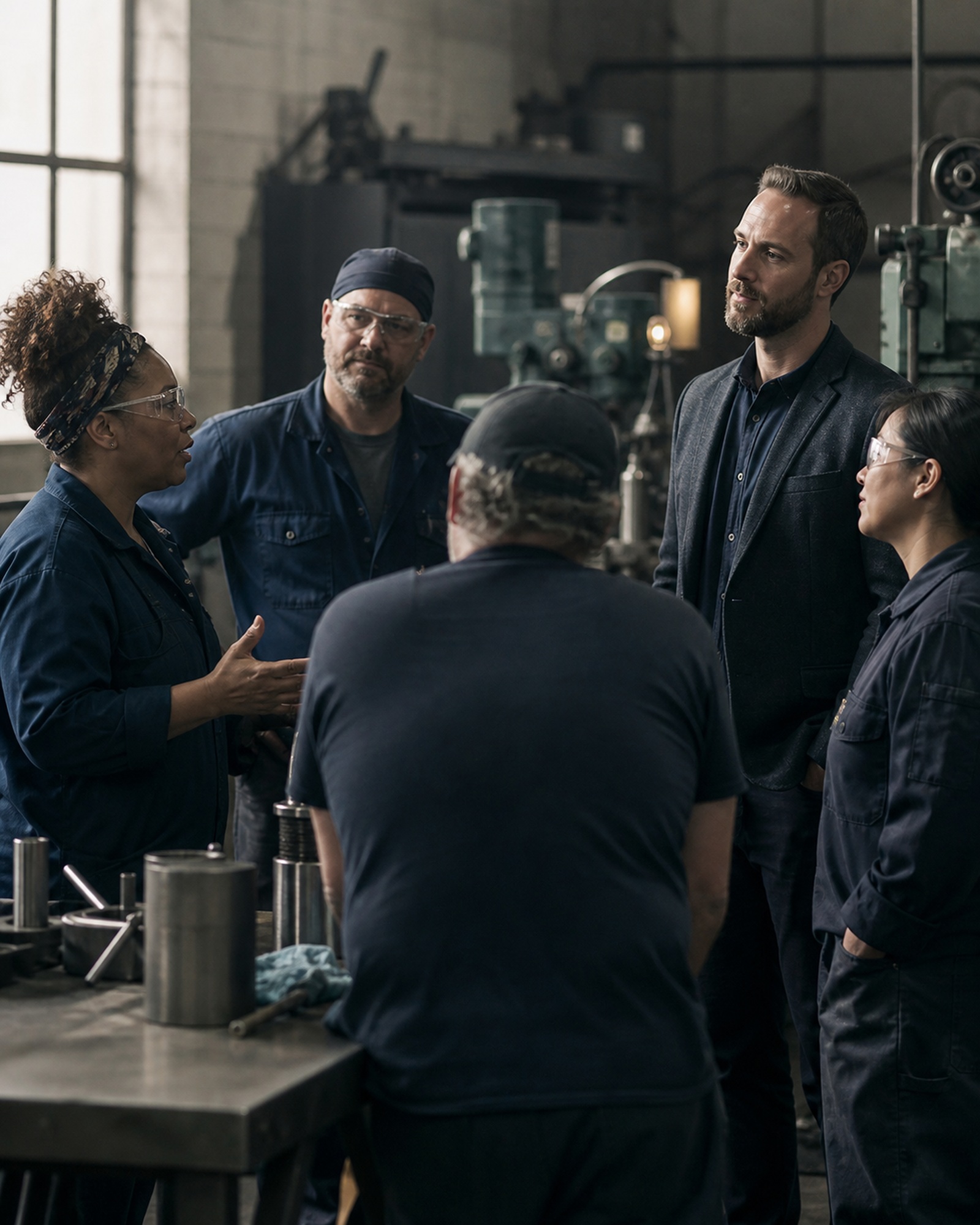 A new owner listening carefully to experienced employees on a working floor