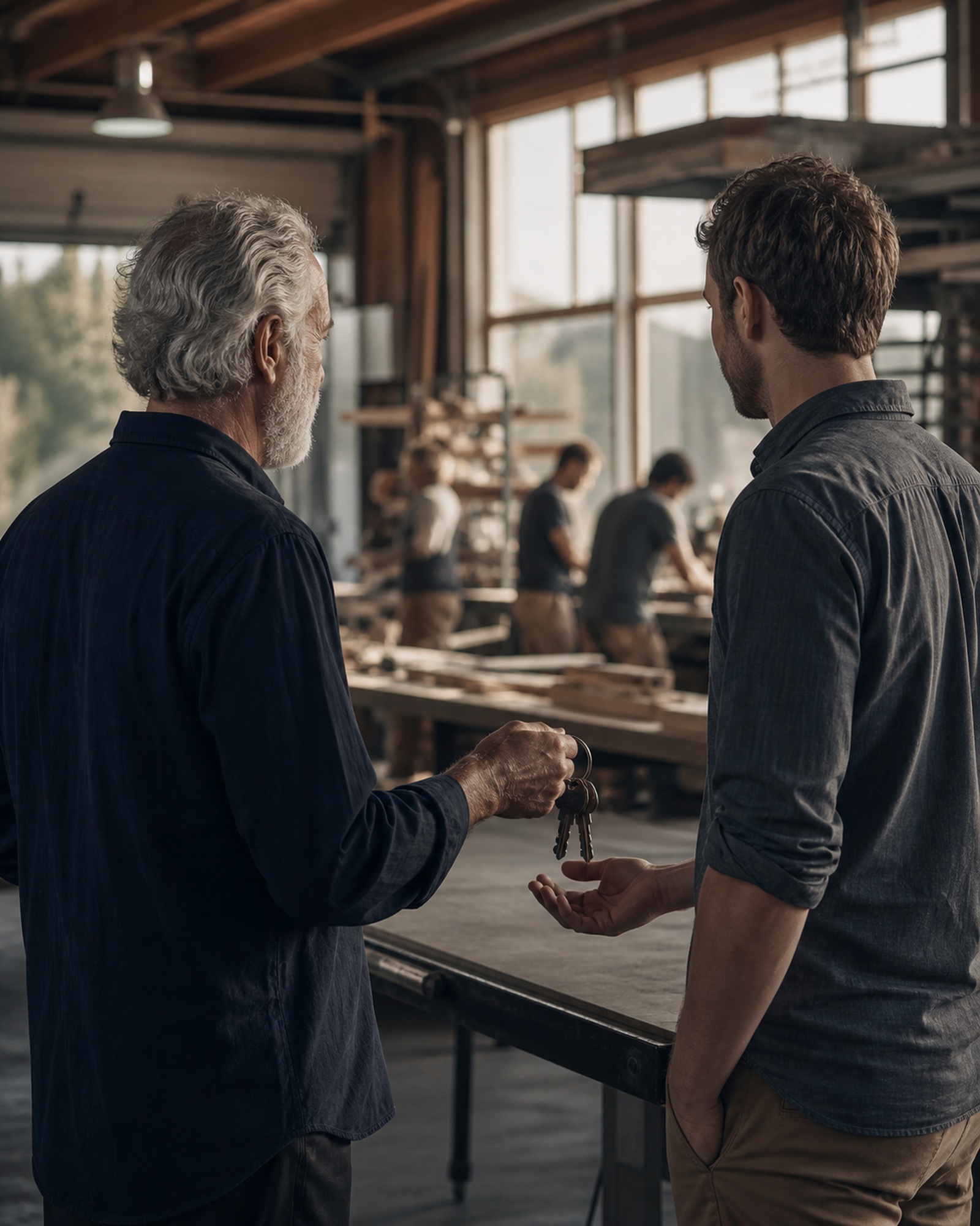 A founder passing a well-used workshop keyring to a thoughtful successor